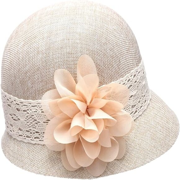 Women's Gatsby Linen Cloche Hat with Lace Band and Flower - Picture 1 of 4